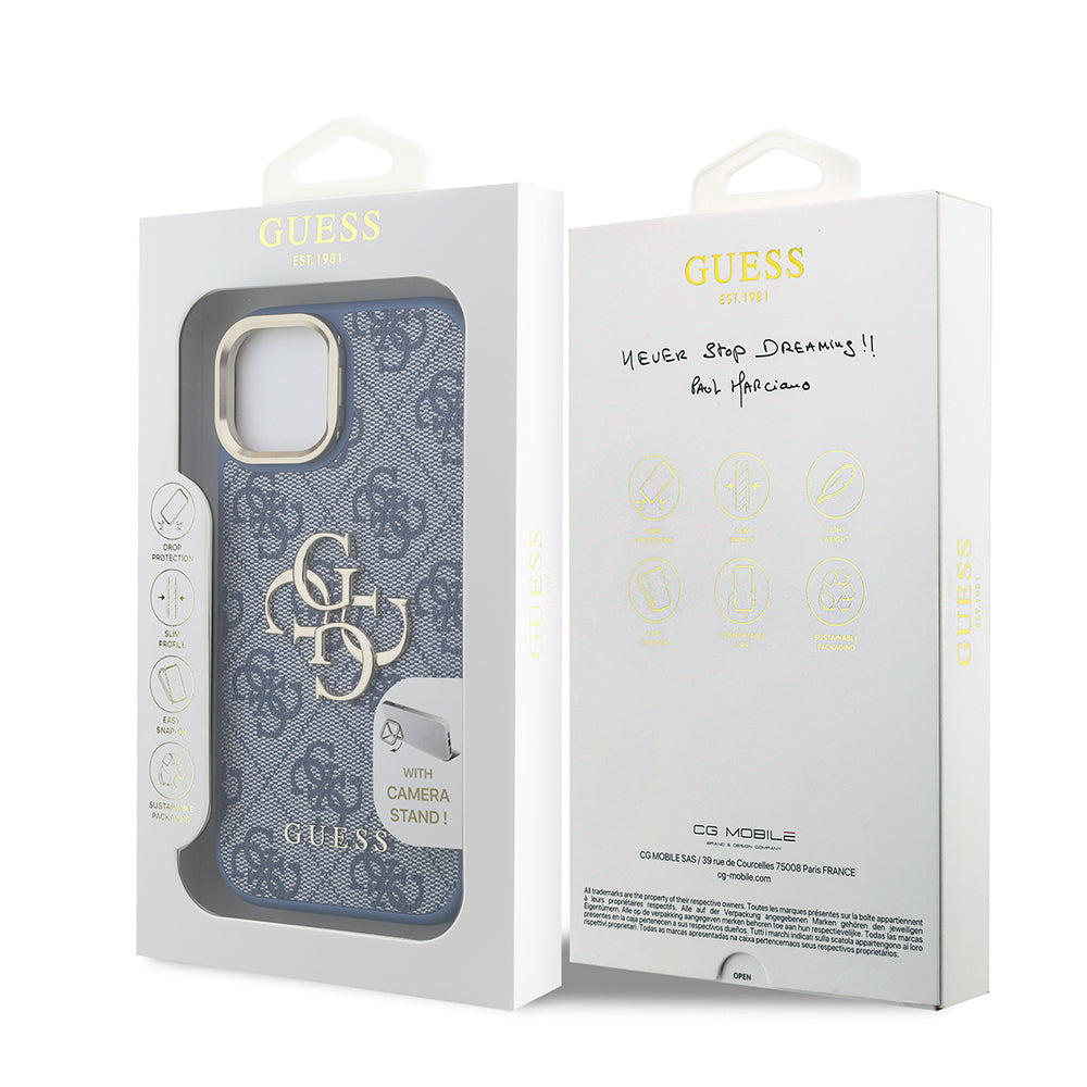 Guess iPhone 15 Orjinal Lisanslı PU Deri 4G Desenli Metal Büyük 4G ve Yazı Logolu Kamera Standlı Kılıf