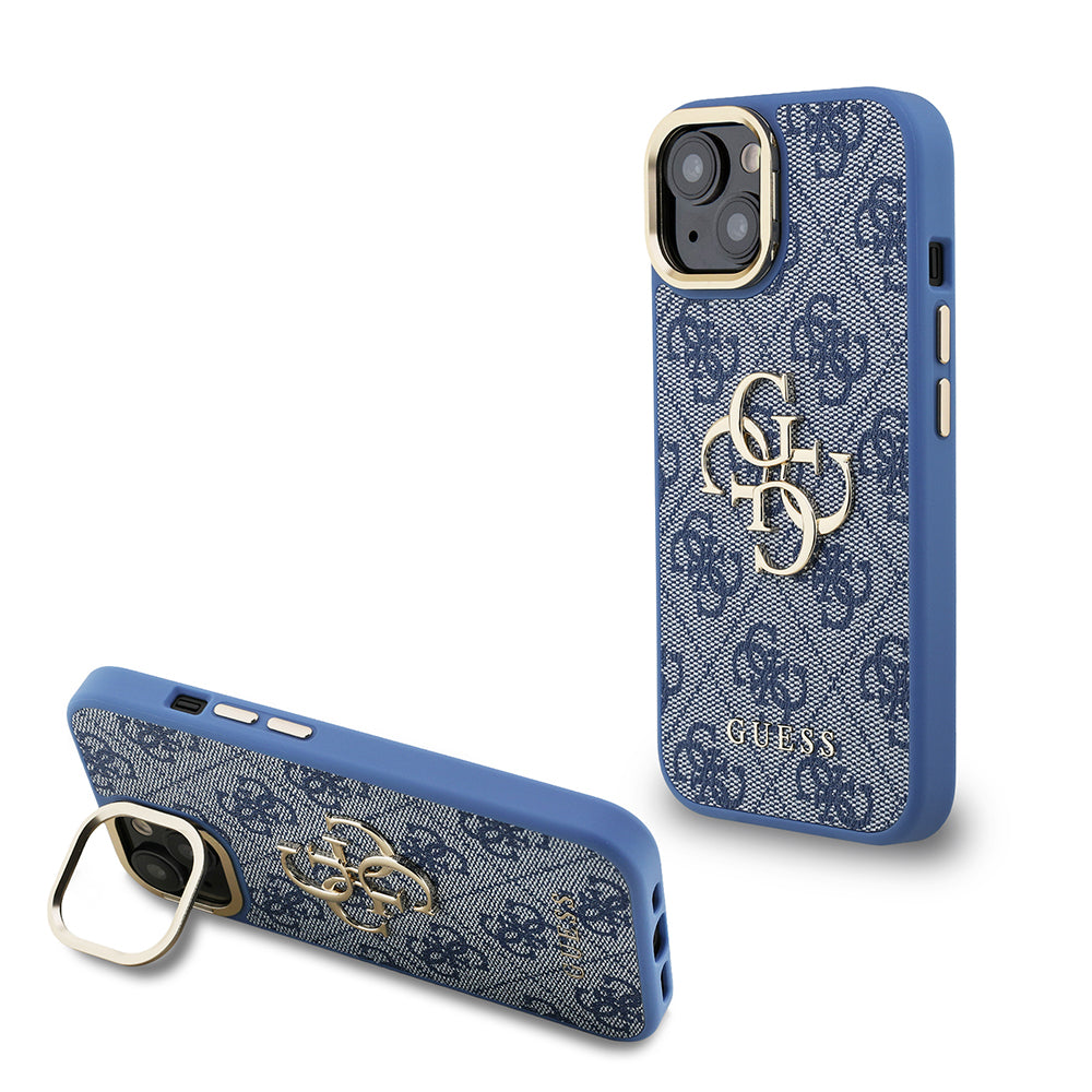Guess iPhone 15 Orjinal Lisanslı PU Deri 4G Desenli Metal Büyük 4G ve Yazı Logolu Kamera Standlı Kılıf