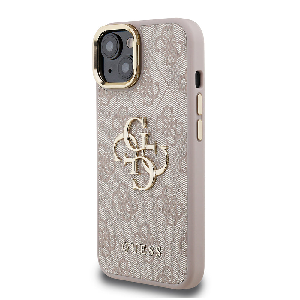 Guess iPhone 15 Orjinal Lisanslı PU Deri 4G Desenli Metal Büyük 4G ve Yazı Logolu Kamera Standlı Kılıf