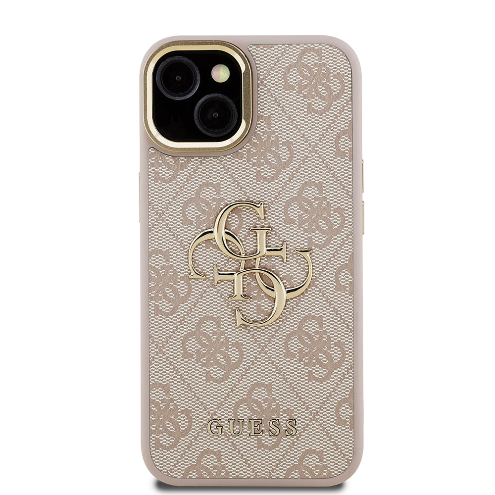 Guess iPhone 15 Orjinal Lisanslı PU Deri 4G Desenli Metal Büyük 4G ve Yazı Logolu Kamera Standlı Kılıf