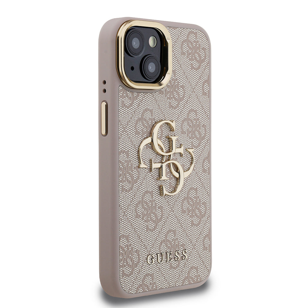 Guess iPhone 15 Orjinal Lisanslı PU Deri 4G Desenli Metal Büyük 4G ve Yazı Logolu Kamera Standlı Kılıf