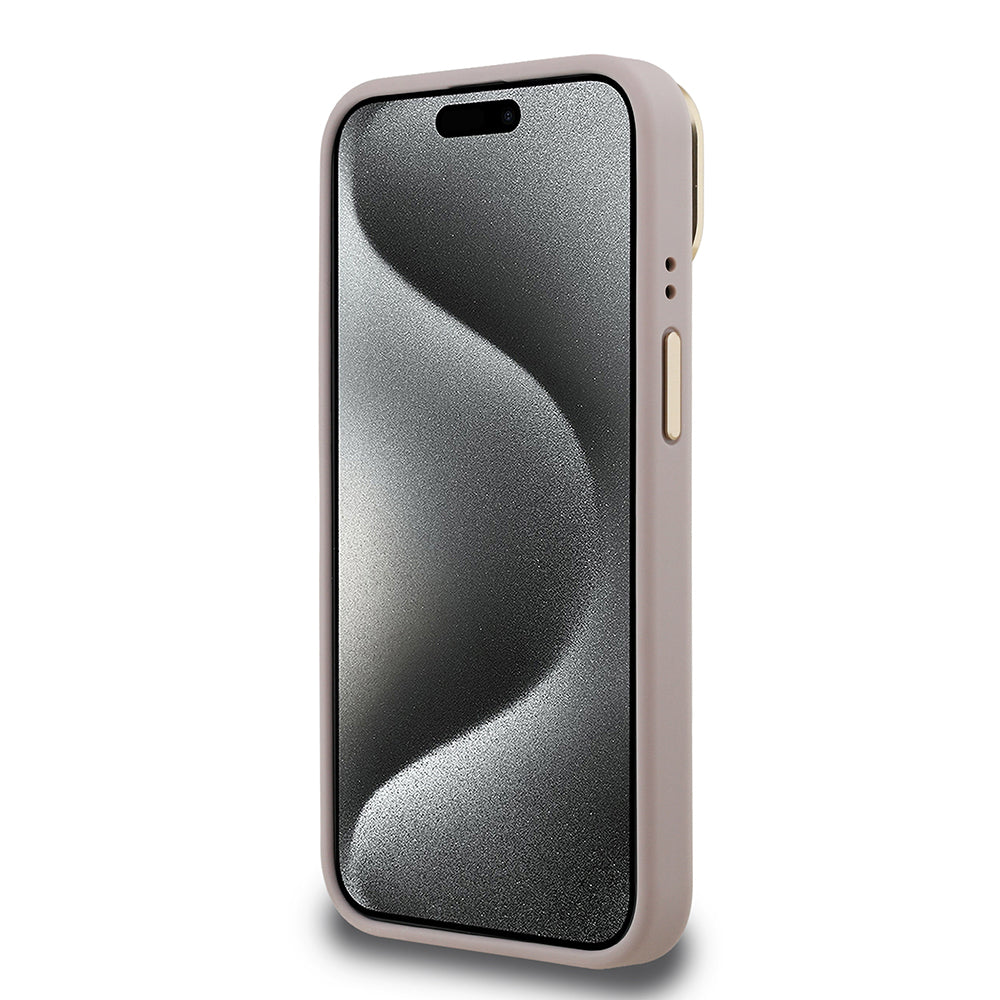 Guess iPhone 15 Orjinal Lisanslı PU Deri 4G Desenli Metal Büyük 4G ve Yazı Logolu Kamera Standlı Kılıf