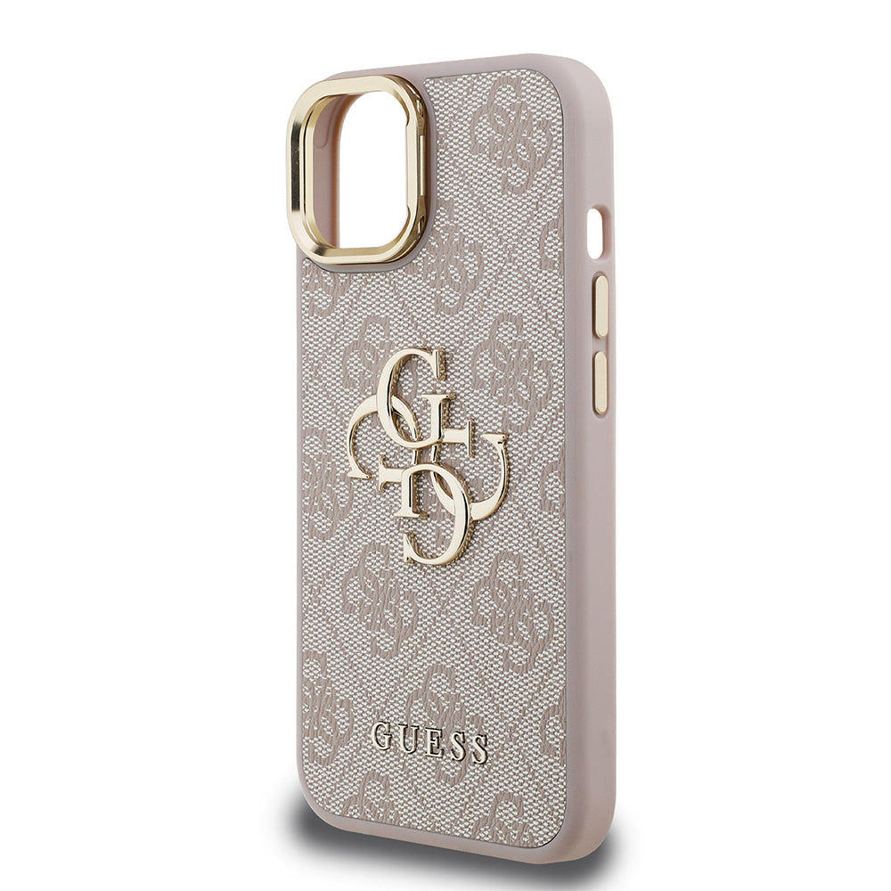 Guess iPhone 15 Orjinal Lisanslı PU Deri 4G Desenli Metal Büyük 4G ve Yazı Logolu Kamera Standlı Kılıf