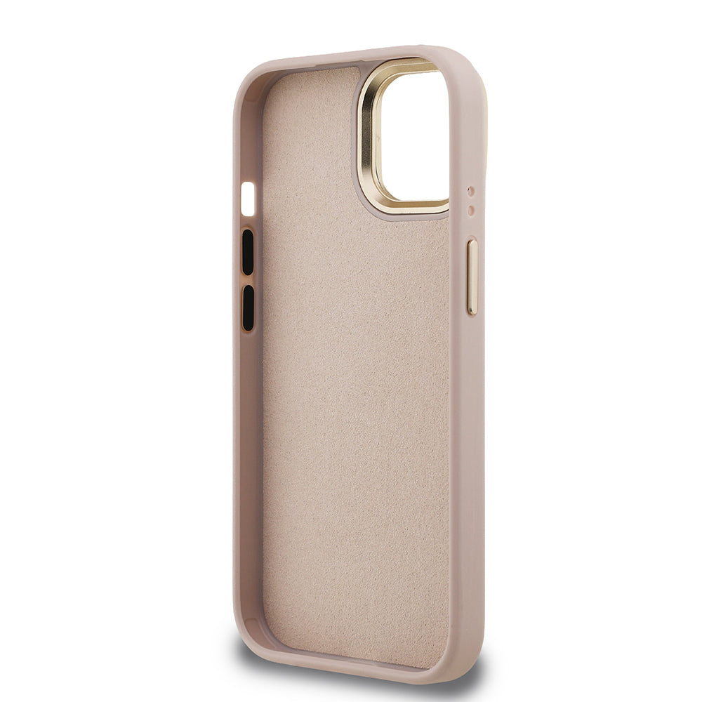 Guess iPhone 15 Orjinal Lisanslı PU Deri 4G Desenli Metal Büyük 4G ve Yazı Logolu Kamera Standlı Kılıf