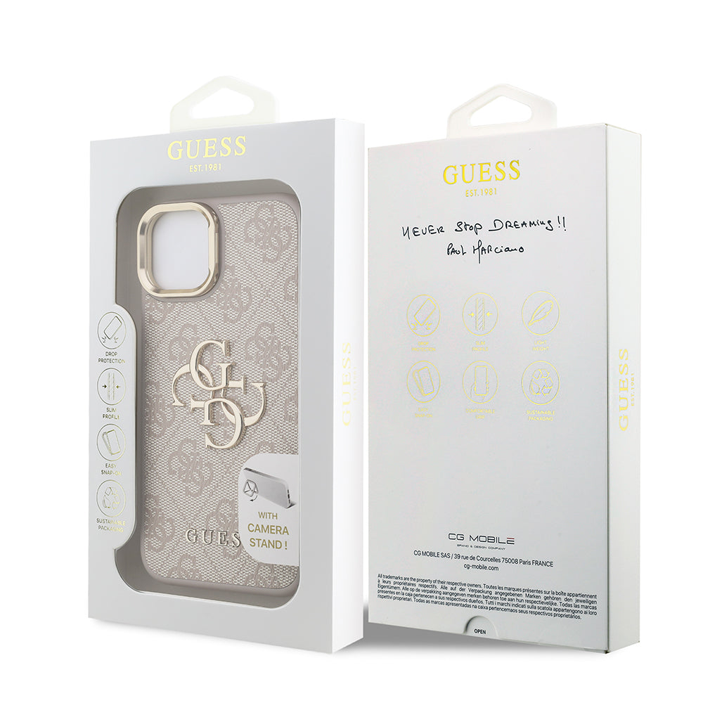 Guess iPhone 15 Orjinal Lisanslı PU Deri 4G Desenli Metal Büyük 4G ve Yazı Logolu Kamera Standlı Kılıf
