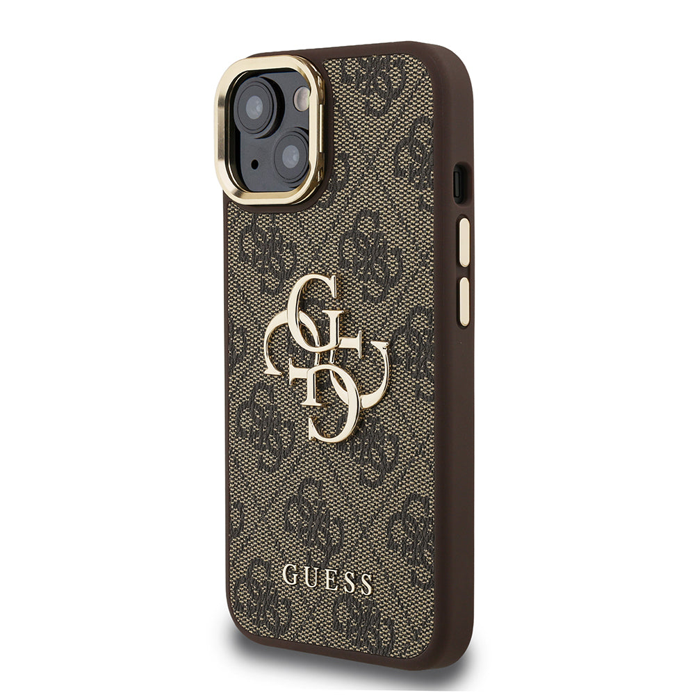 Guess iPhone 15 Orjinal Lisanslı PU Deri 4G Desenli Metal Büyük 4G ve Yazı Logolu Kamera Standlı Kılıf