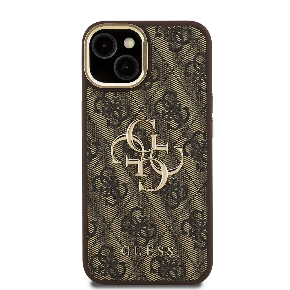 Guess iPhone 15 Orjinal Lisanslı PU Deri 4G Desenli Metal Büyük 4G ve Yazı Logolu Kamera Standlı Kılıf