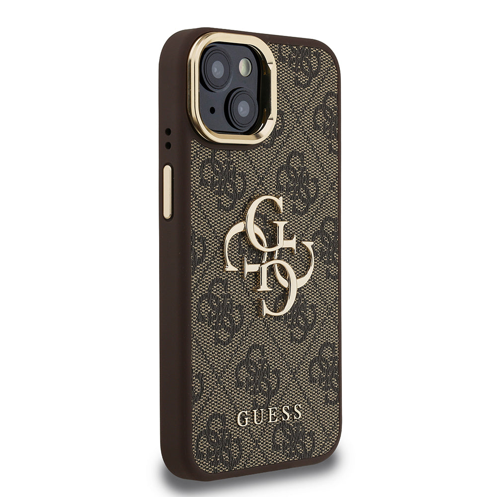 Guess iPhone 15 Orjinal Lisanslı PU Deri 4G Desenli Metal Büyük 4G ve Yazı Logolu Kamera Standlı Kılıf