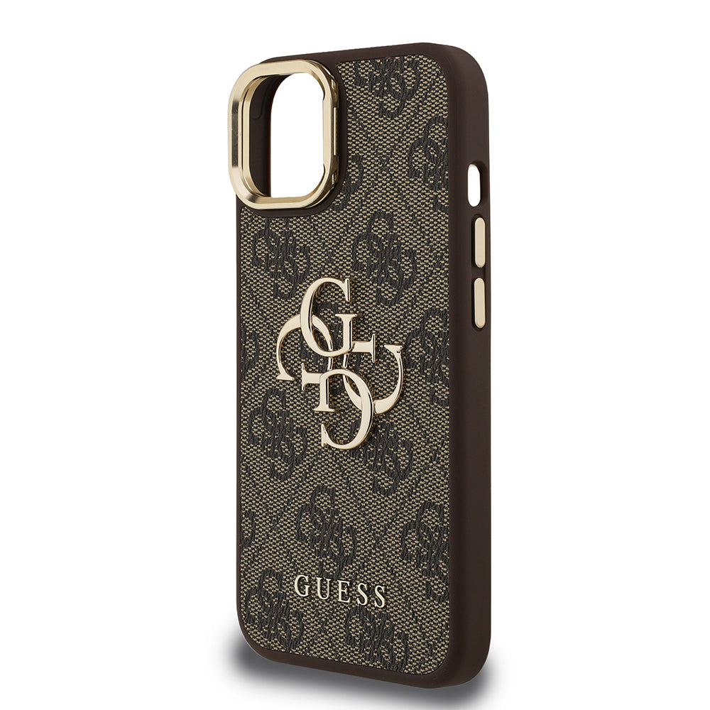Guess iPhone 15 Orjinal Lisanslı PU Deri 4G Desenli Metal Büyük 4G ve Yazı Logolu Kamera Standlı Kılıf