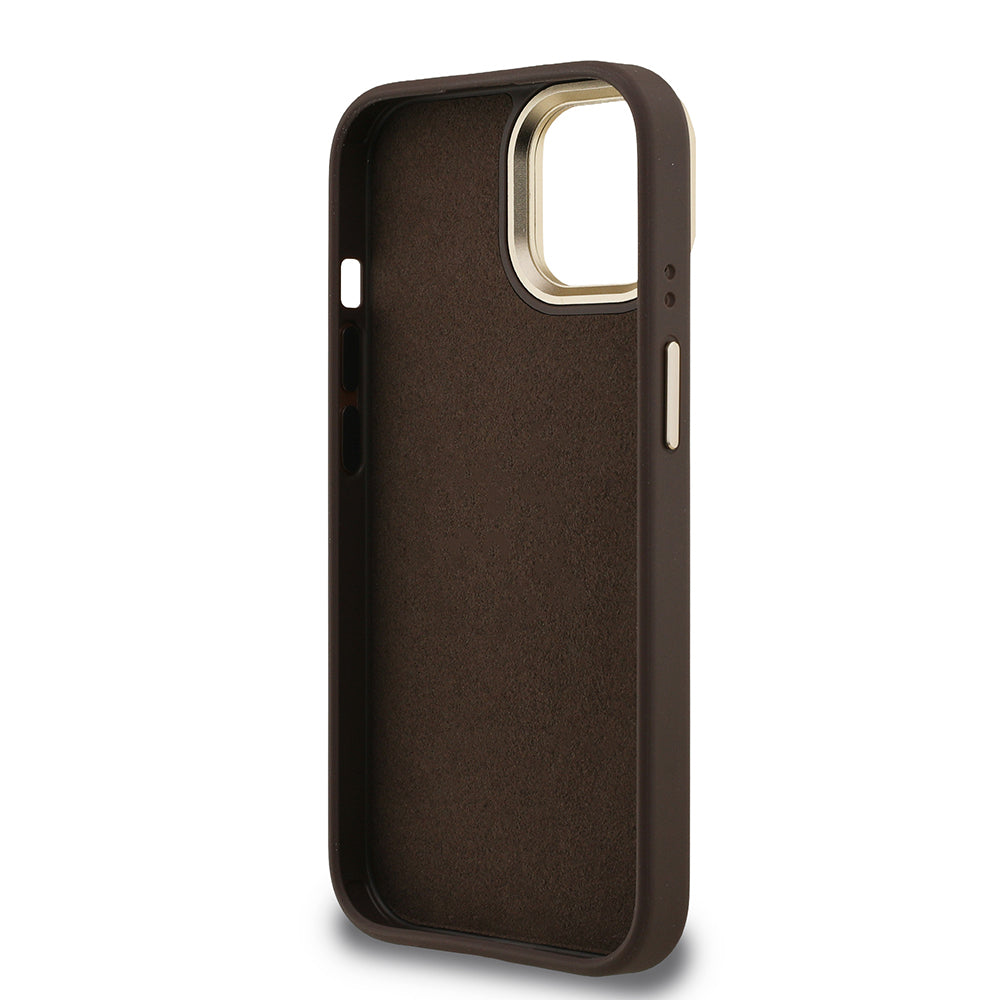Guess iPhone 15 Orjinal Lisanslı PU Deri 4G Desenli Metal Büyük 4G ve Yazı Logolu Kamera Standlı Kılıf