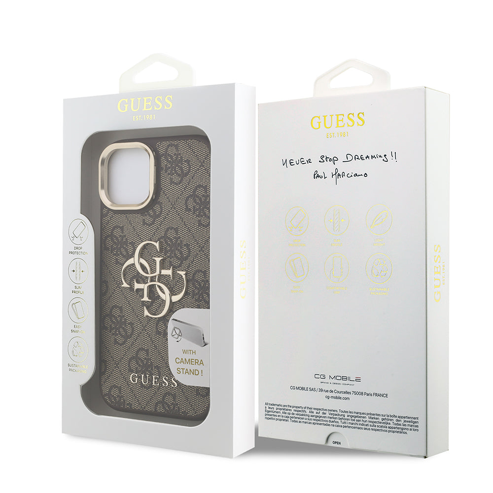Guess iPhone 15 Orjinal Lisanslı PU Deri 4G Desenli Metal Büyük 4G ve Yazı Logolu Kamera Standlı Kılıf