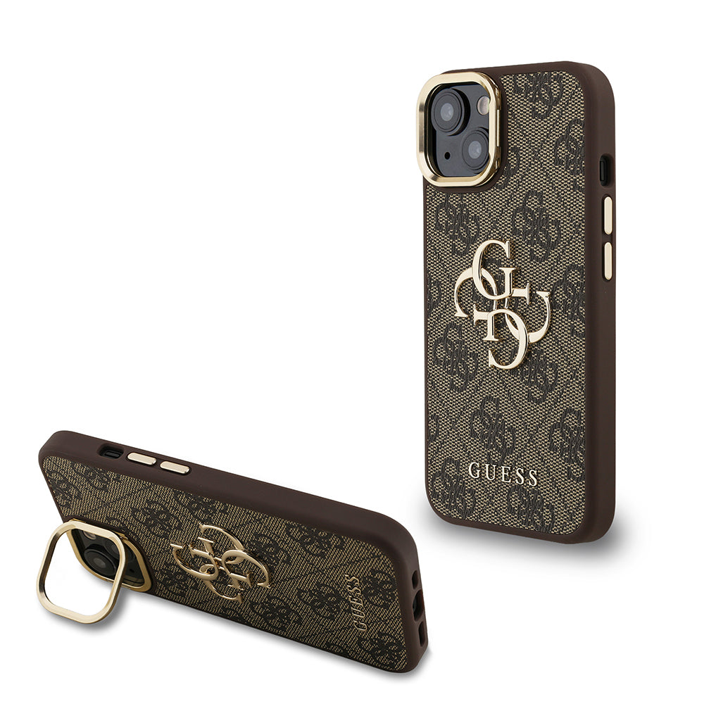 Guess iPhone 15 Orjinal Lisanslı PU Deri 4G Desenli Metal Büyük 4G ve Yazı Logolu Kamera Standlı Kılıf