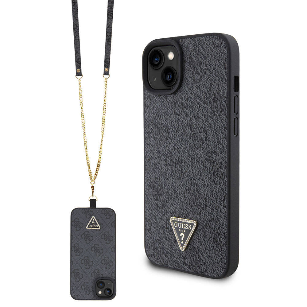 Guess iPhone 15 Orjinal Lisanslı PU Deri Askılı Taşlı Üçgen Logo 4G Desenli Strass Crossbody Telefon Kılıfı - 1