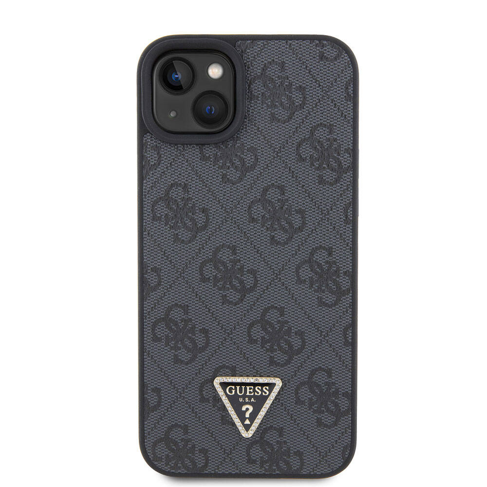 Guess iPhone 15 Orjinal Lisanslı PU Deri Askılı Taşlı Üçgen Logo 4G Desenli Strass Crossbody Telefon Kılıfı