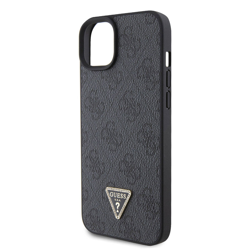 Guess iPhone 15 Orjinal Lisanslı PU Deri Askılı Taşlı Üçgen Logo 4G Desenli Strass Crossbody Telefon Kılıfı