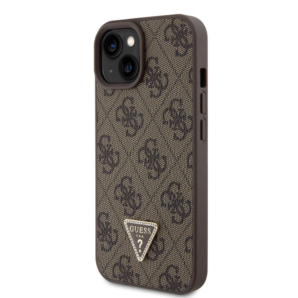 Guess iPhone 15 Orjinal Lisanslı PU Deri Askılı Taşlı Üçgen Logo 4G Desenli Strass Crossbody Telefon Kılıfı