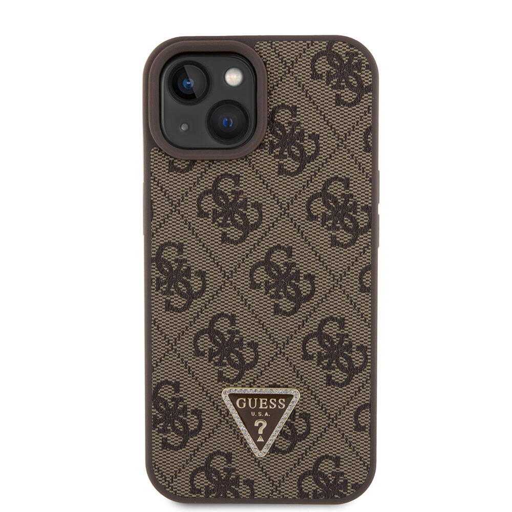 Guess iPhone 15 Orjinal Lisanslı PU Deri Askılı Taşlı Üçgen Logo 4G Desenli Strass Crossbody Telefon Kılıfı