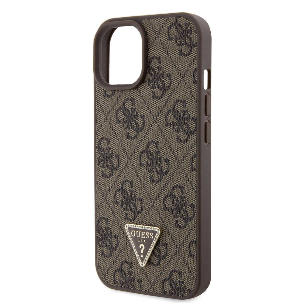 Guess iPhone 15 Orjinal Lisanslı PU Deri Askılı Taşlı Üçgen Logo 4G Desenli Strass Crossbody Telefon Kılıfı