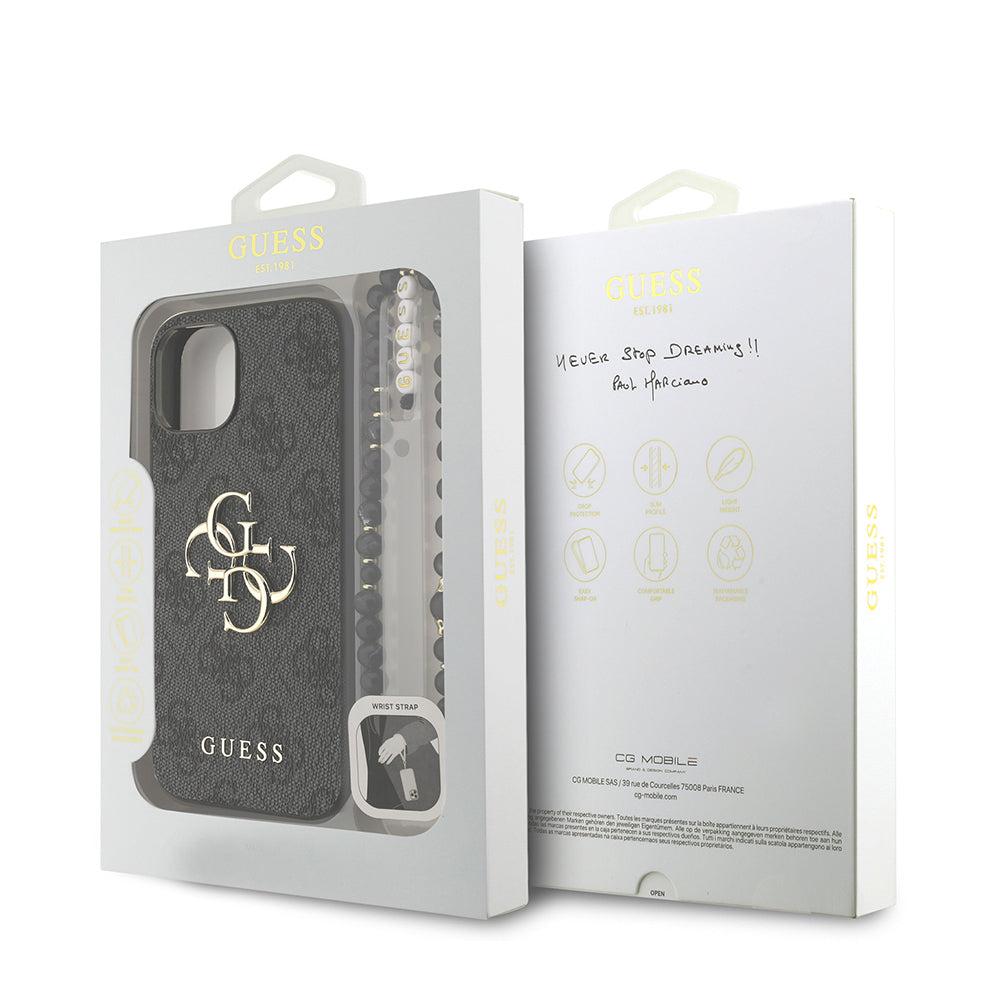 Guess iPhone 15 Orjinal Lisanslı PU Deri Bilek Askı İpli Metal Büyük 4G ve Yazı Logolu Kılıf