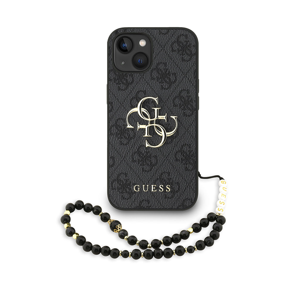 Guess iPhone 15 Orjinal Lisanslı PU Deri Bilek Askı İpli Metal Büyük 4G ve Yazı Logolu Kılıf