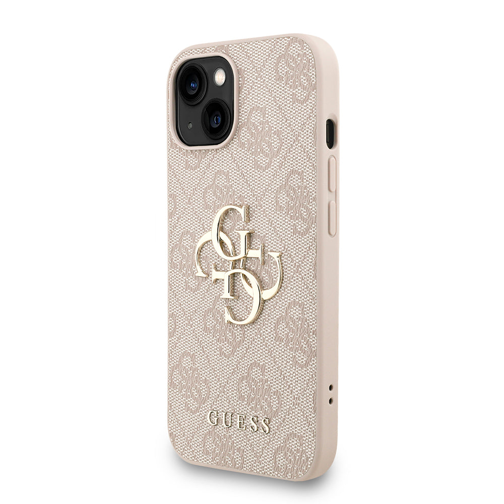 Guess iPhone 15 Orjinal Lisanslı PU Deri Bilek Askı İpli Metal Büyük 4G ve Yazı Logolu Kılıf