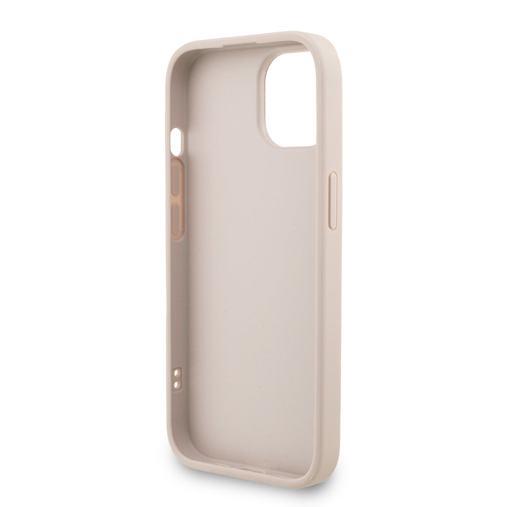 Guess iPhone 15 Orjinal Lisanslı PU Deri Bilek Askı İpli Metal Büyük 4G ve Yazı Logolu Kılıf