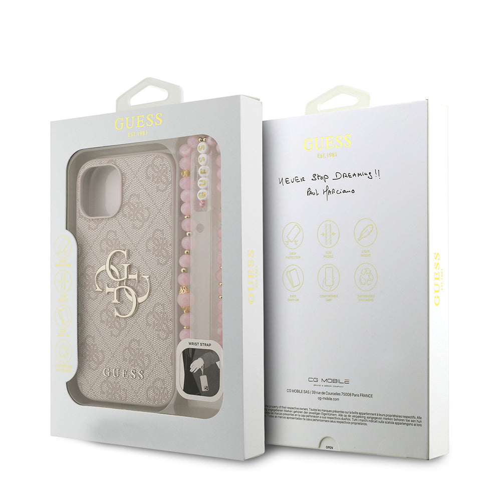 Guess iPhone 15 Orjinal Lisanslı PU Deri Bilek Askı İpli Metal Büyük 4G ve Yazı Logolu Kılıf