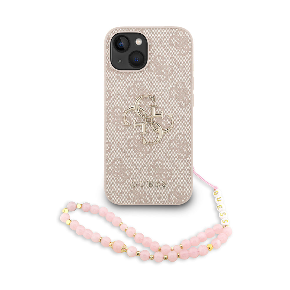 Guess iPhone 15 Orjinal Lisanslı PU Deri Bilek Askı İpli Metal Büyük 4G ve Yazı Logolu Kılıf