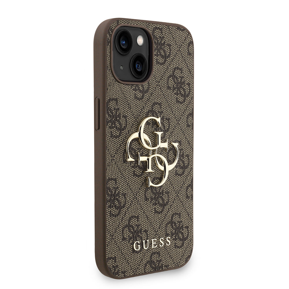 Guess iPhone 15 Orjinal Lisanslı PU Deri Bilek Askı İpli Metal Büyük 4G ve Yazı Logolu Kılıf