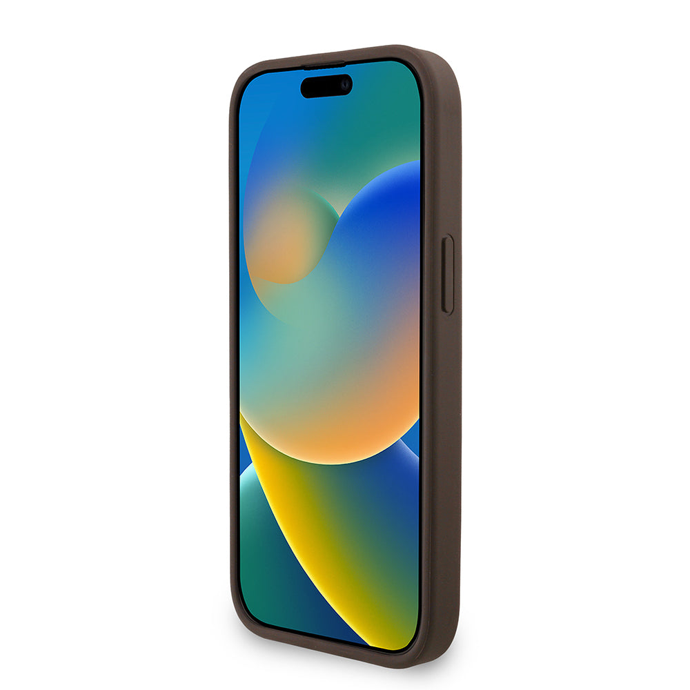 Guess iPhone 15 Orjinal Lisanslı PU Deri Bilek Askı İpli Metal Büyük 4G ve Yazı Logolu Kılıf