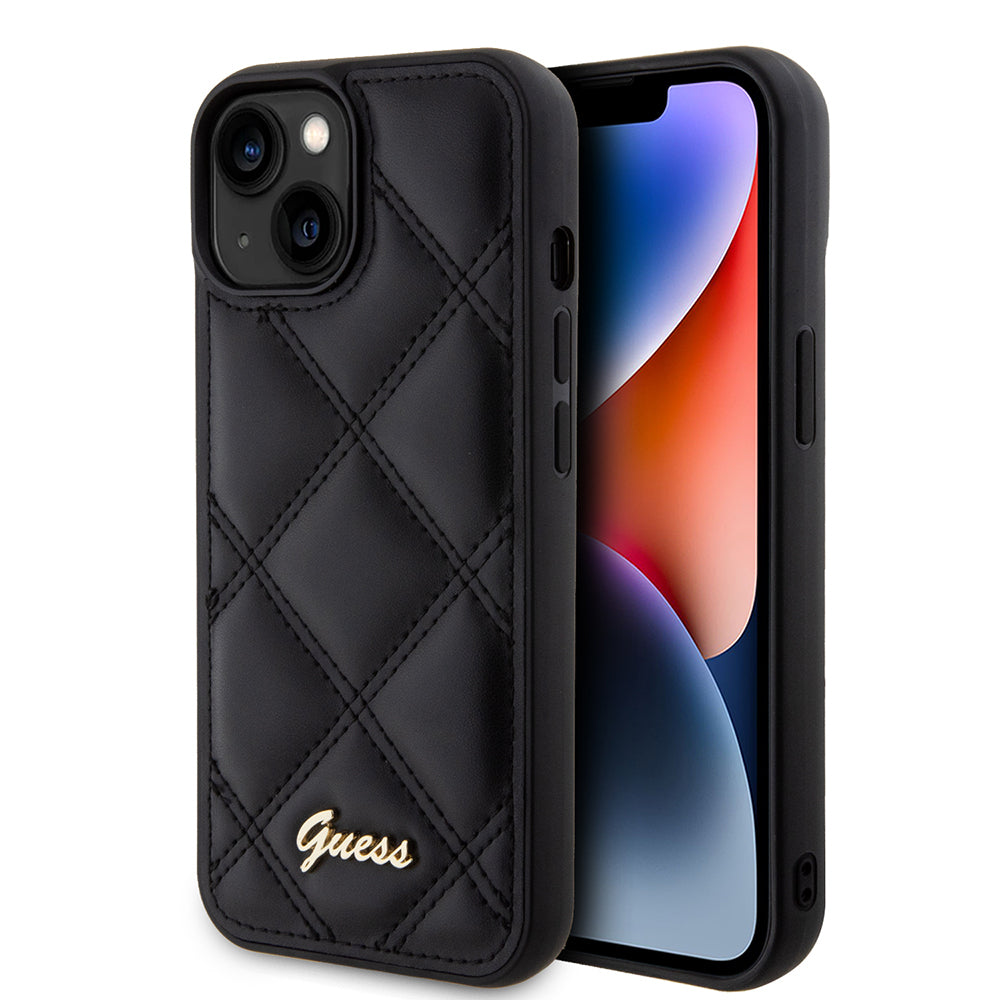 Guess iPhone 15 Orjinal Lisanslı PU Deri Metal Yazı Logolu Kapitone Kılıf