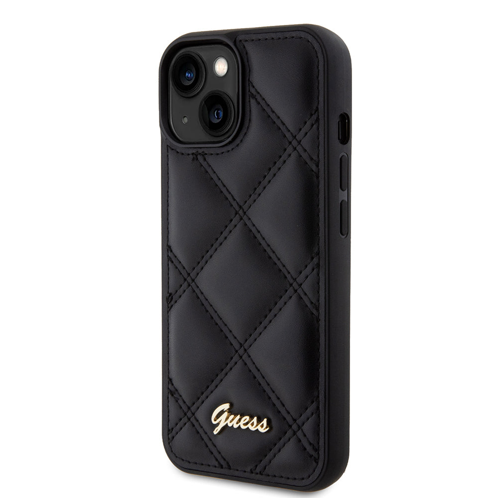 Guess iPhone 15 Orjinal Lisanslı PU Deri Metal Yazı Logolu Kapitone Kılıf