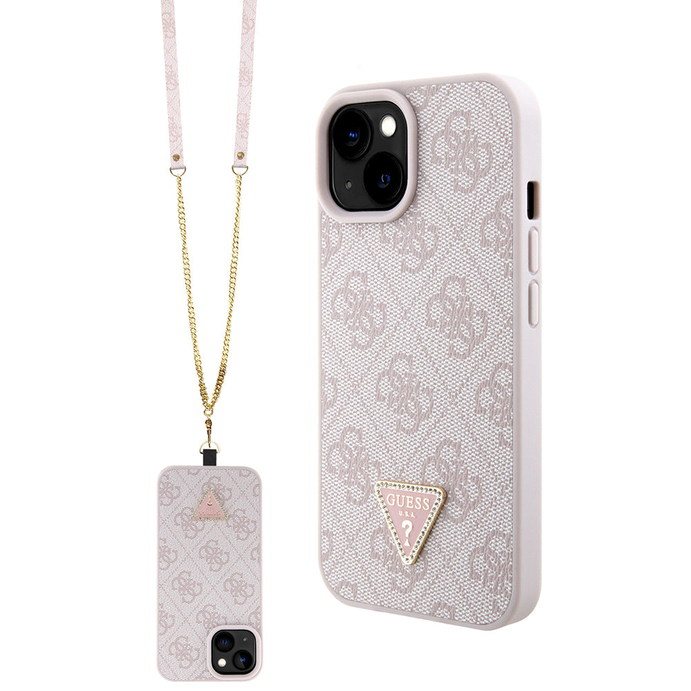 Guess iPhone 15 Orjinal Lisanslı PU Deri Taşlı Metal Üçgen Logolu Çapraz Vücut Askılı 4G Desenli Kılıf