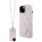 Guess iPhone 15 Orjinal Lisanslı PU Deri Taşlı Metal Üçgen Logolu Çapraz Vücut Askılı 4G Desenli Kılıf