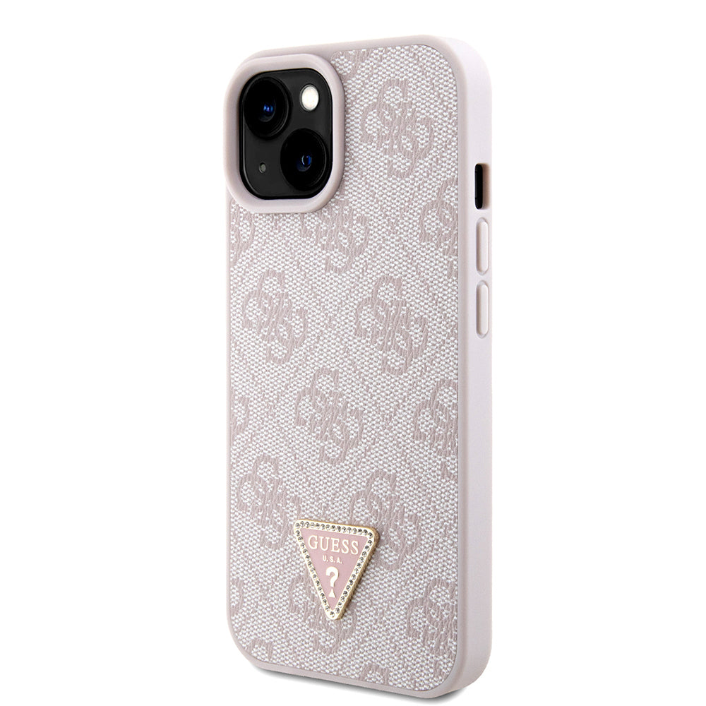 Guess iPhone 15 Orjinal Lisanslı PU Deri Taşlı Metal Üçgen Logolu Çapraz Vücut Askılı 4G Desenli Kılıf
