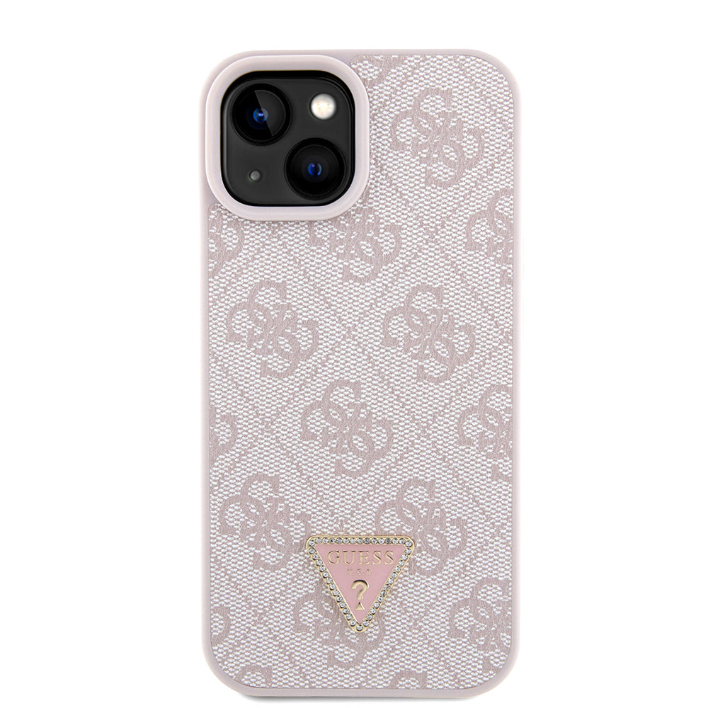 Guess iPhone 15 Orjinal Lisanslı PU Deri Taşlı Metal Üçgen Logolu Çapraz Vücut Askılı 4G Desenli Kılıf