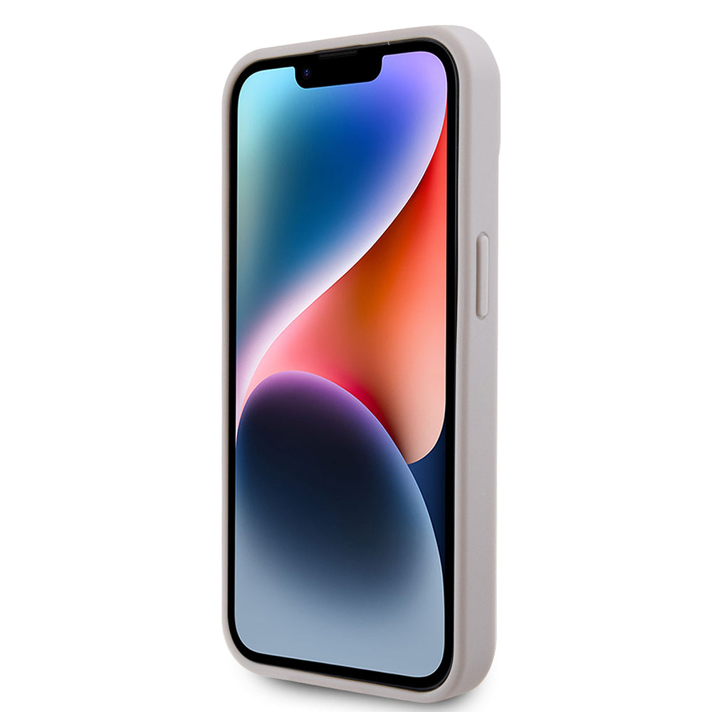 Guess iPhone 15 Orjinal Lisanslı PU Deri Taşlı Metal Üçgen Logolu Çapraz Vücut Askılı 4G Desenli Kılıf