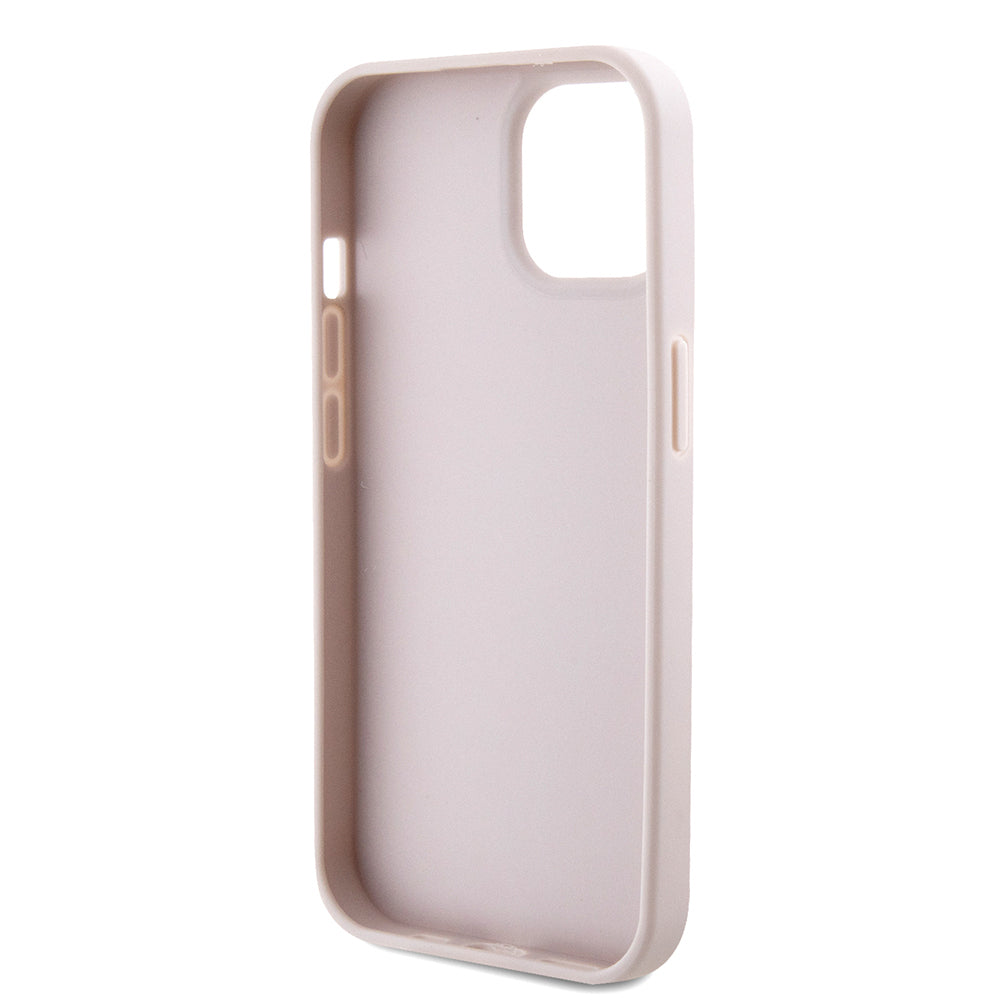 Guess iPhone 15 Orjinal Lisanslı PU Deri Taşlı Metal Üçgen Logolu Çapraz Vücut Askılı 4G Desenli Kılıf