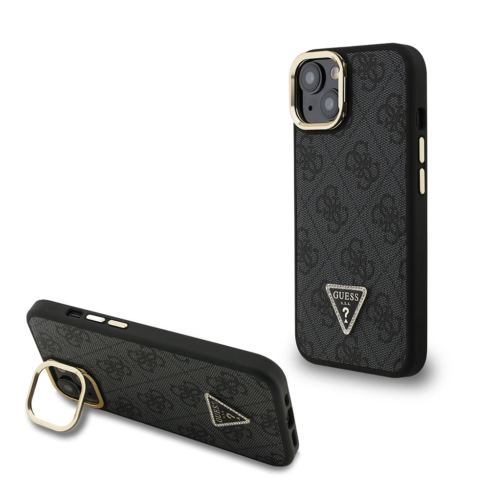 Guess iPhone 15 Orjinal Lisanslı PU Deri Taşlı Üçgen Logo 4G Desenli Kamera Standlı Kılıf