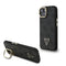 Guess iPhone 15 Orjinal Lisanslı PU Deri Taşlı Üçgen Logo 4G Desenli Kamera Standlı Kılıf