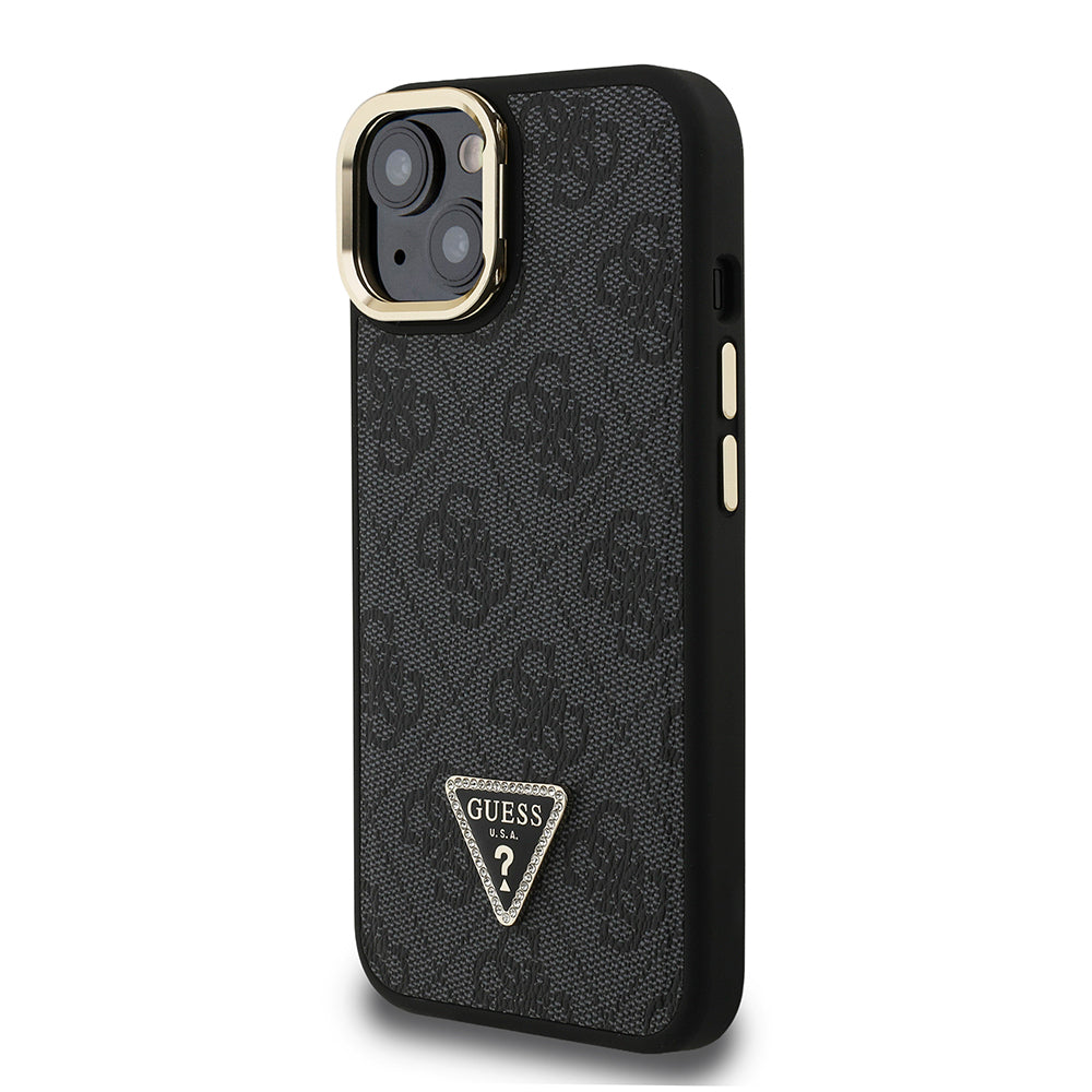 Guess iPhone 15 Orjinal Lisanslı PU Deri Taşlı Üçgen Logo 4G Desenli Kamera Standlı Kılıf