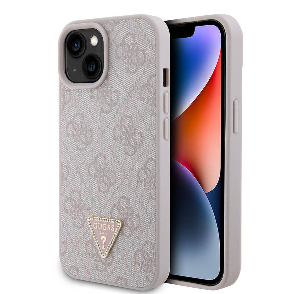 Guess iPhone 15 Orjinal Lisanslı PU Deri Taşlı Üçgen Logo 4G Desenli Strass Telefon Kılıfı