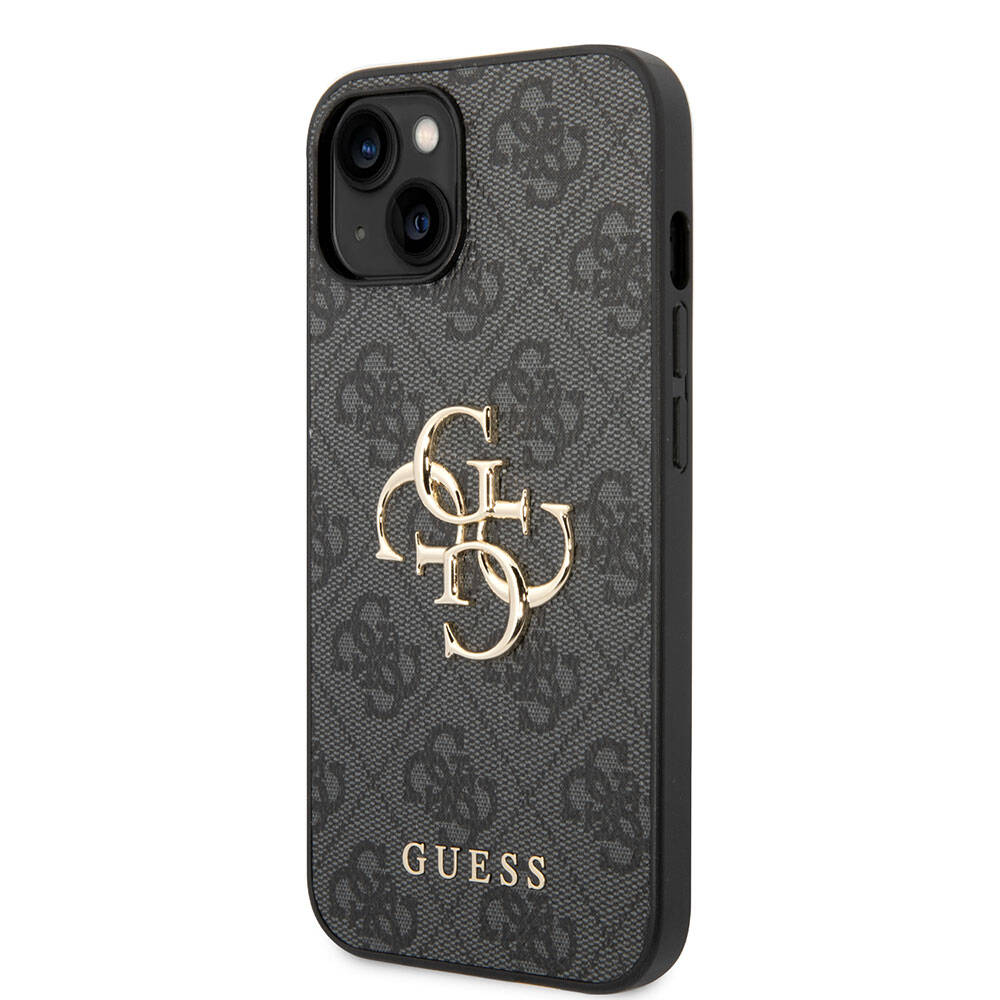 Guess iPhone 15 Orjinal Lisanslı PU Deri Yazı ve 4G Metal Logolu Desenli Telefon Kılıfı