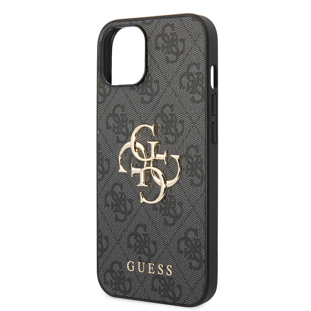 Guess iPhone 15 Orjinal Lisanslı PU Deri Yazı ve 4G Metal Logolu Desenli Telefon Kılıfı