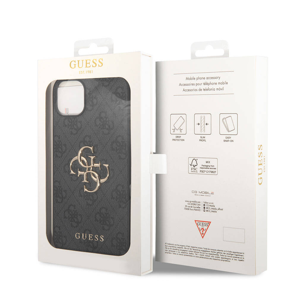 Guess iPhone 15 Orjinal Lisanslı PU Deri Yazı ve 4G Metal Logolu Desenli Telefon Kılıfı