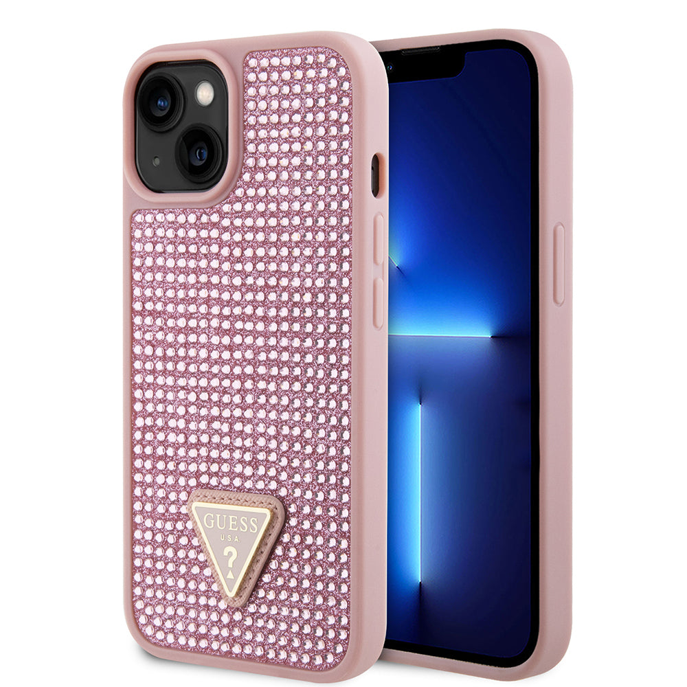 Guess iPhone 15 Orjinal Lisanslı Taşlı Arka Yüzey Üçgen Logolu Telefon Kılıfı