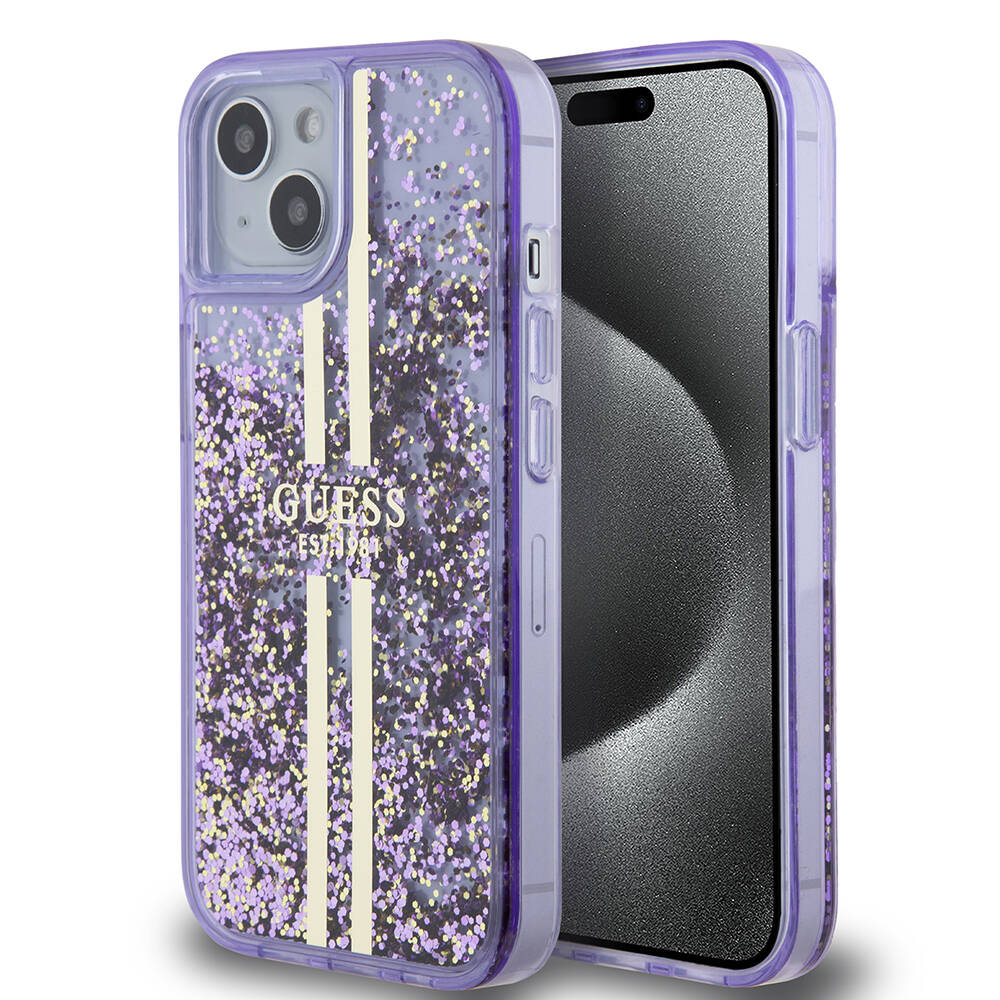 Guess iPhone 15 Orjinal Lisanslı Transparan Sıvılı Simli Altın Çizgili Kılıf
