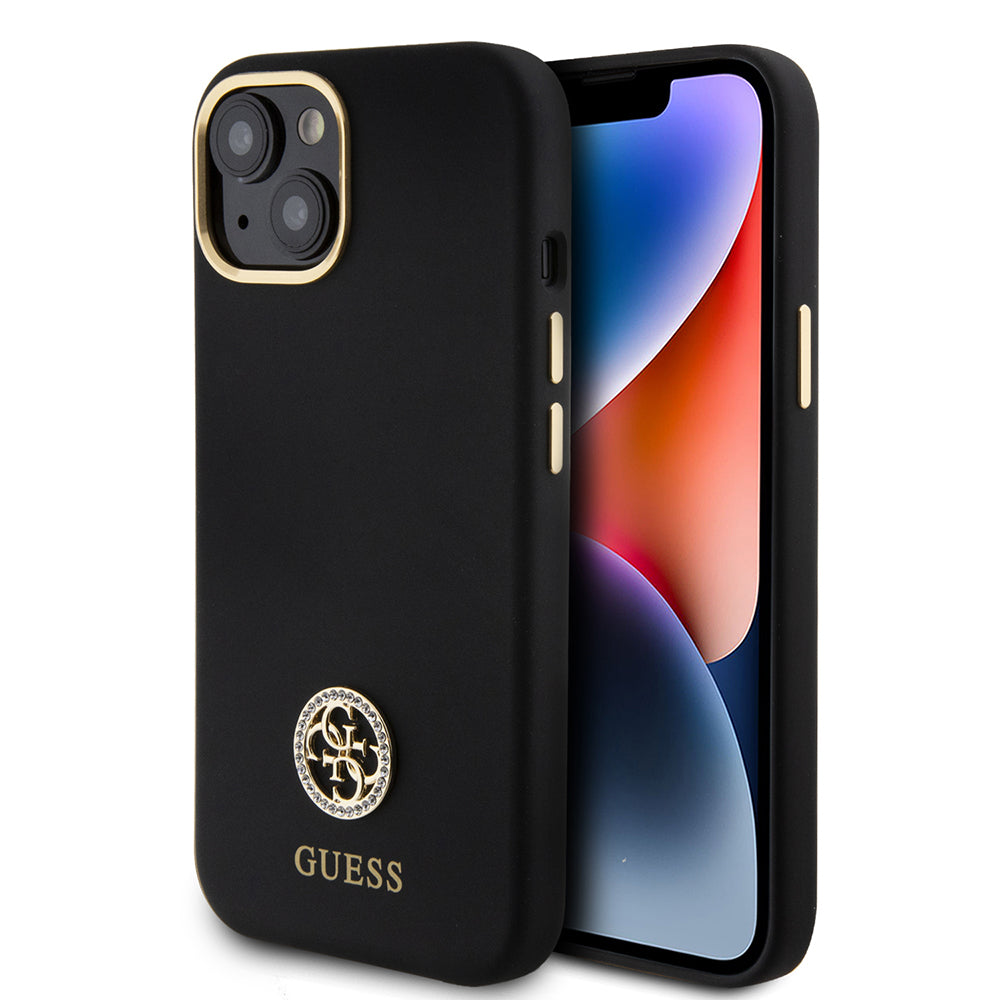 Guess iPhone 15 Orjinal Lisanslı Yazı ve Taşlı 4G Logolu Metal Kamera Çerçeveli Silikon Kılıf