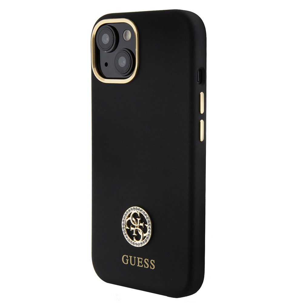 Guess iPhone 15 Orjinal Lisanslı Yazı ve Taşlı 4G Logolu Metal Kamera Çerçeveli Silikon Kılıf