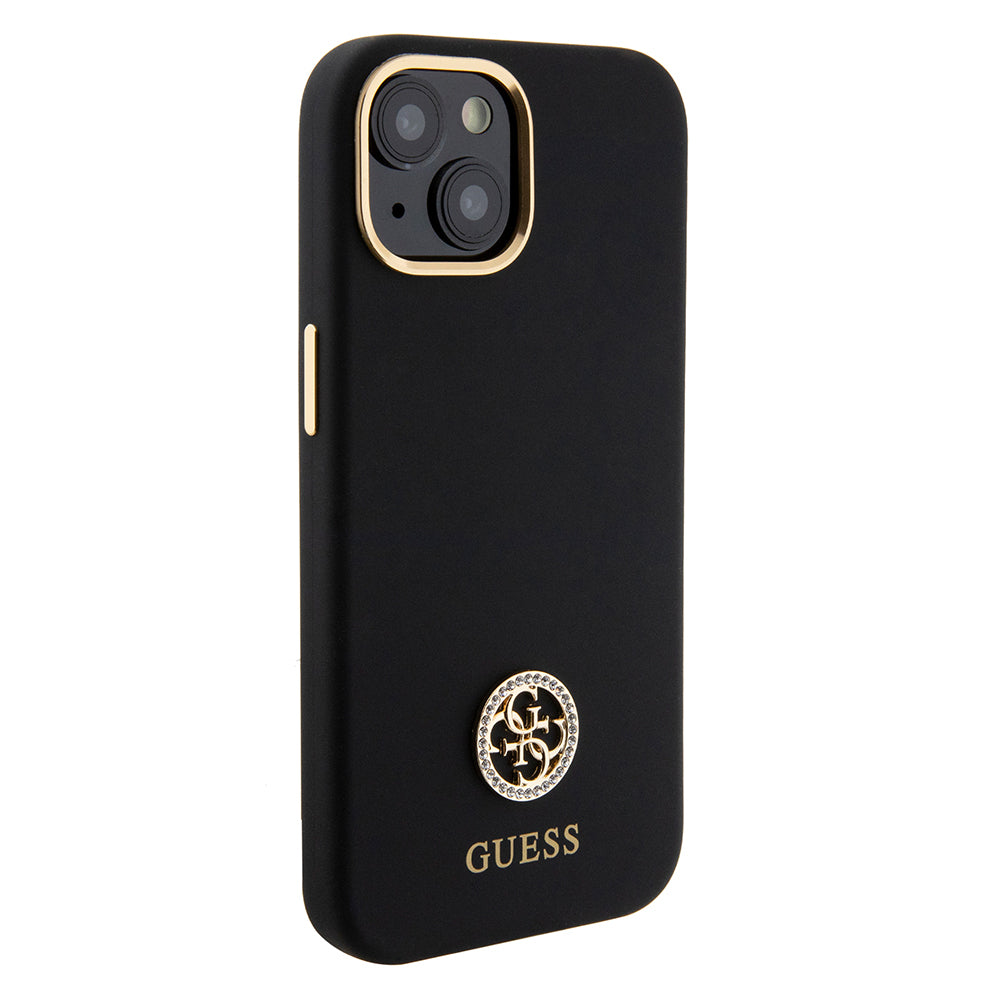 Guess iPhone 15 Orjinal Lisanslı Yazı ve Taşlı 4G Logolu Metal Kamera Çerçeveli Silikon Kılıf